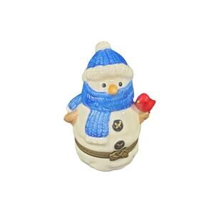 Dept. 56 Porcelain Snowman Hinged Trinket Box Blue Scarf Cardinal